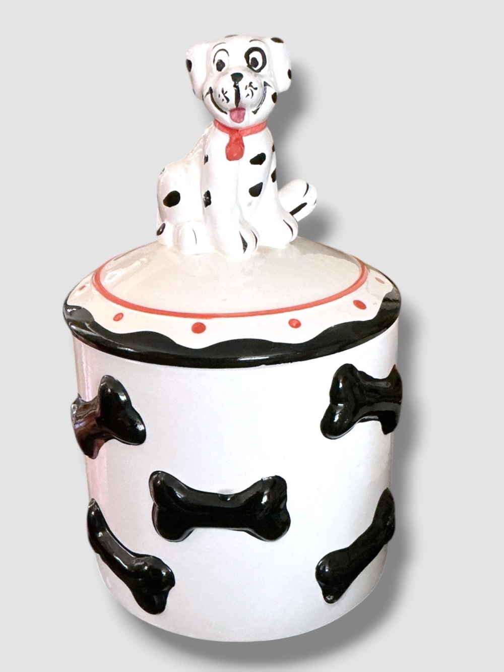 101 Dalmatians Cookie Treat Jar White Black Bones Red Accents Vintage 1993 - Picture 15 of 16